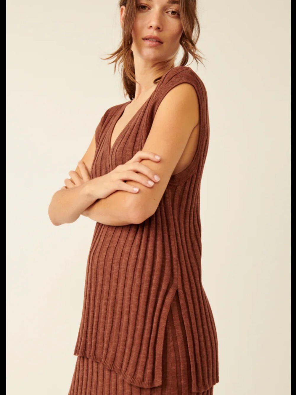 FREE PEOPLE beach VEDA brown ribbed sleeveless v-neck SWEATER tunic sz Med NWT